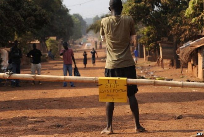 Жители города установили контрольно-пропускной пункт, чтобы не дать повстанцам войти в Банги в Центральноафриканской Республике в январе 2013 года