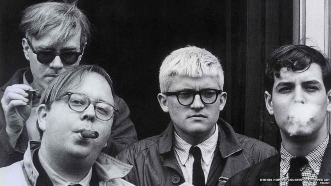 Andy Warhol, Henry Geldzahler, David Hockney and Jeff Goodman, 1963