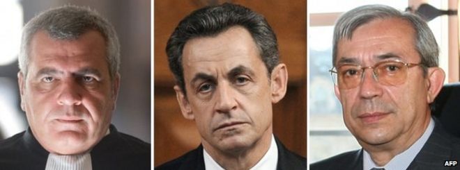 Адвокат Тьерри Херцог (слева), бывший президент Николя Саркози (слева) и мировой судья Гилберт Азиберт