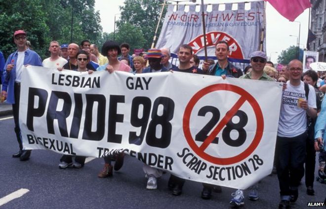 Gay Pride 1998 - люди, держащие плакат с призывом отменить раздел 28