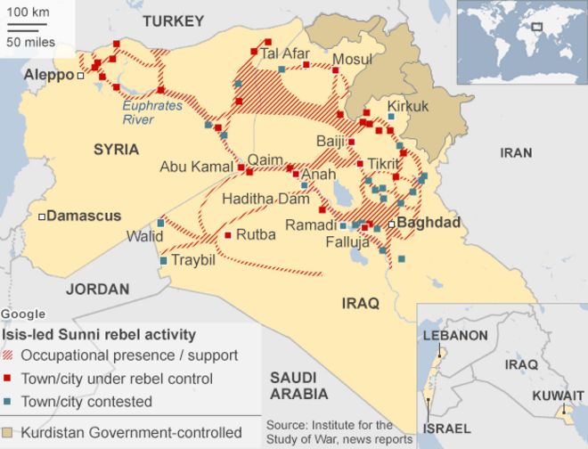 Карта с указанием районов, находящихся под оперативным контролем ИГИЛ