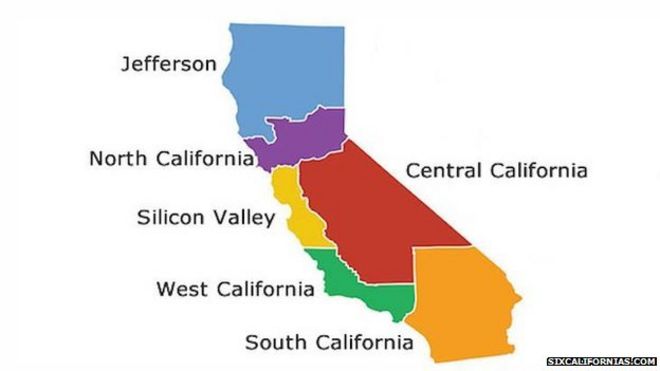 Предлагаемая карта шести новых штатов Калифорнии