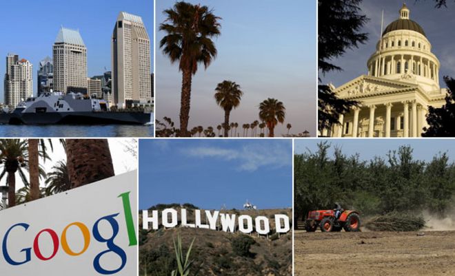 По часовой стрелке сверху слева: Сан-Диего, пальмы, Сакраменто, Фресно, Голливуд и Google HQ