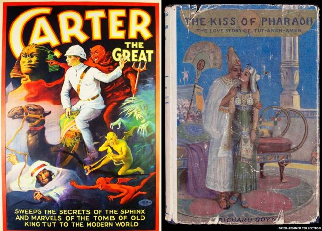 Плакат для сценического мага Картера Великого, 1923 (слева) и «Поцелуй фараона: история любви Тут-Анк-Амена» Ричарда Гойна, 1923