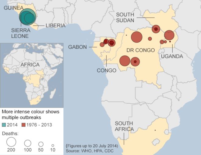 Карта, показывающая вспышки Эболы с 1976 года