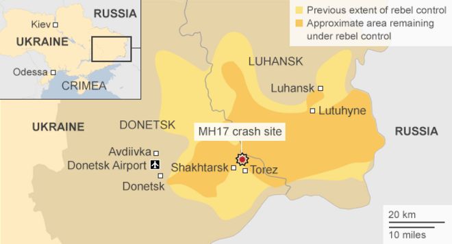 Карта, показывающая место крушения полета MH17 и районы восточной Украины, находящиеся под контролем повстанцев