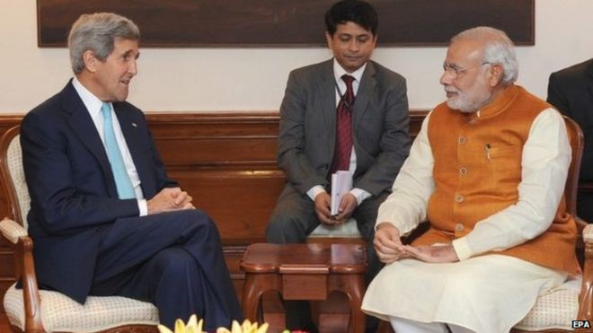 Госсекретарь США Джон Керри с премьер-министром Индии Нарендрой Моди в Нью-Дели, Индия, в пятницу, 1 августа