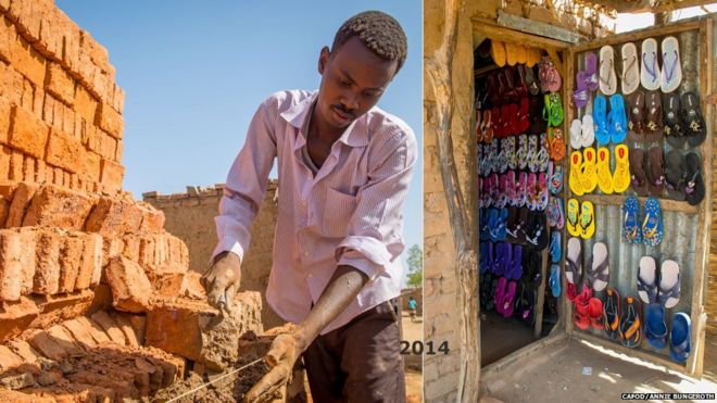 L: мужчина, который делает кирпичи в лагере Хамадиа в Дарфуре, Судан R: Магазин по продаже обуви в лагере Хамадиа в Дарфуре, Судан - оба 2014
