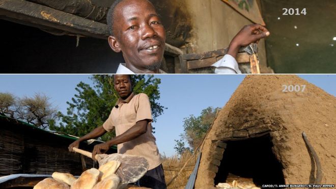 Вверху: Юсиф, изображенный в 2014 году в лагере Аслам в Дарфуре, Судан Внизу: Юсиф на фото, выпекающий хлеб в лагере Хасса Хисса в Дарфуре, Судан в 2007 году