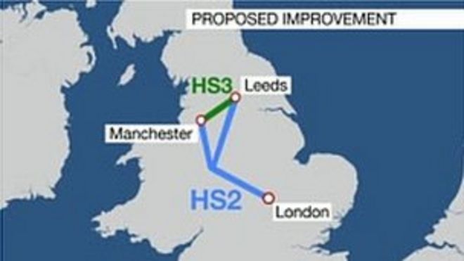 План, показывающий предлагаемую железнодорожную связь HS3, соединяющую два плеча HS2