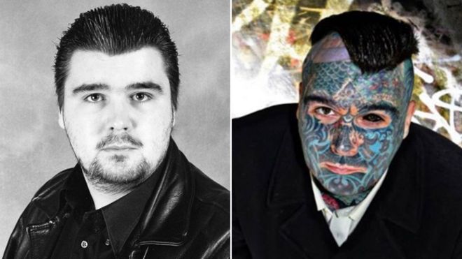 Две фотографии показывают Боди-арт до и после того, как его лицо было покрыто татуировками