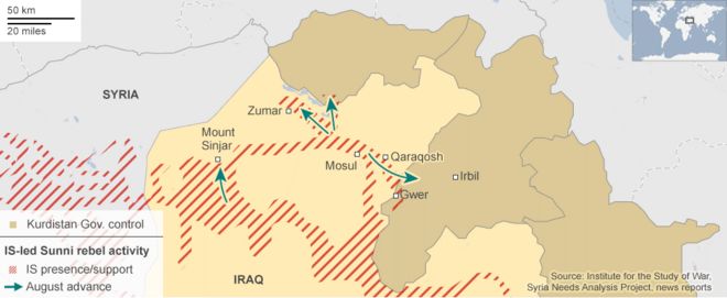 Карта, показывающая успехи, достигнутые «Исламским государством» (ИС) в первые недели августа 2014 года