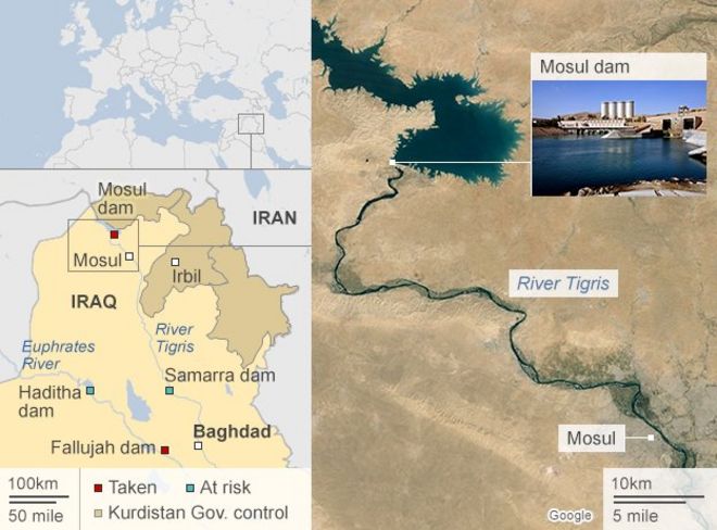 Карта Мосула с обозначением основных плотин по всему Ираку (действительна 13 августа 2014 года)