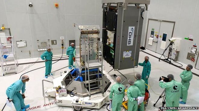 Технические специалисты в Куру устанавливают спутник Galileo «Doresa» на его систему распределения полезной нагрузки