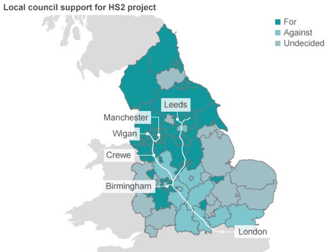 Карта, показывающая, что поддержка HS2 в значительной степени ограничена северными советами