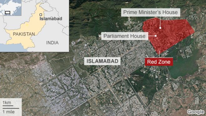 Спутниковое изображение, показывающее местонахождение красной зоны строгого режима в Исламабаде, Пакистан