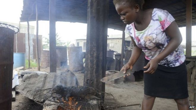 Женщина жарит свежее мясо диких животных на рынке Аджегунле-Икороду в Лагосе, Нигерия, 13 августа 2014 года