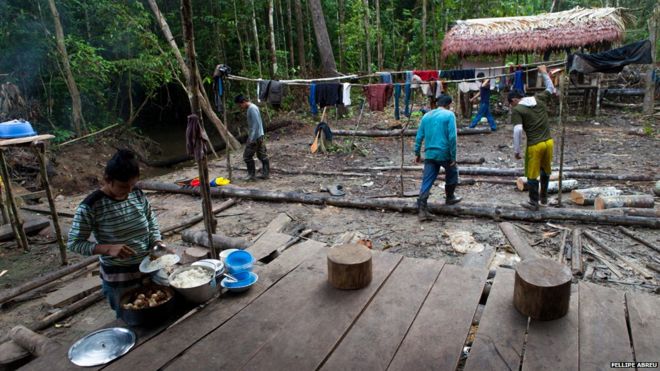 Лесорубы играют в карты в лагере, построенном в перуанских джунглях на берегу реки Эсперанса 3 апреля 2013 года.