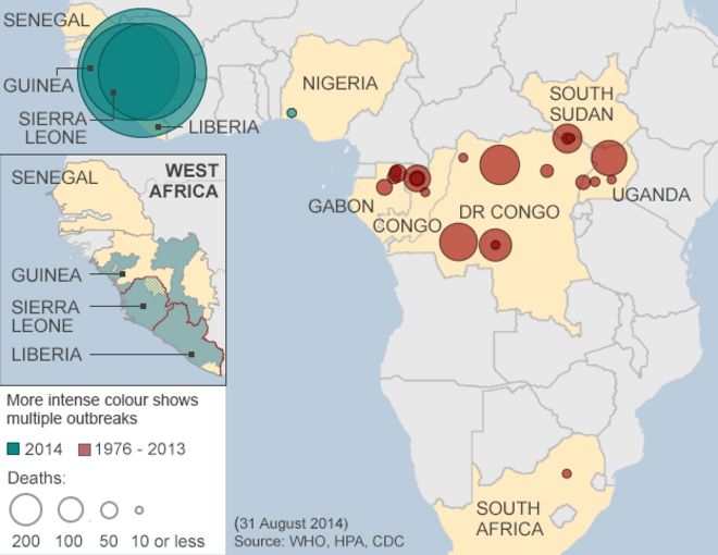 Карта, показывающая вспышки Эболы с 1976 года