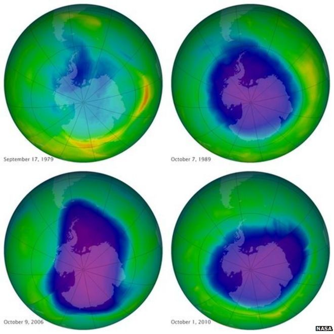 На этом недатированном изображении, предоставленном НАСА, показан озоновый слой на протяжении многих лет, 17 сентября 1979 года, вверху слева, 7 октября 1989 года, вверху справа, 9 октября 2006 года, внизу слева и 1 октября 2010 года, внизу справа