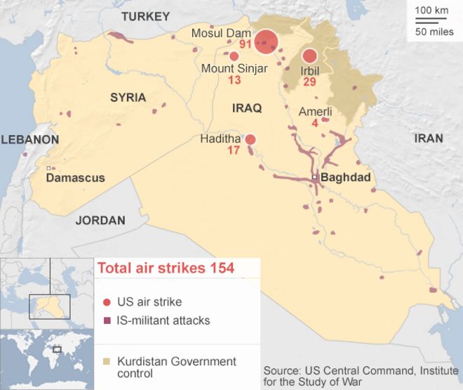 График авиаударов США по Ираку и нападений Исламского государства