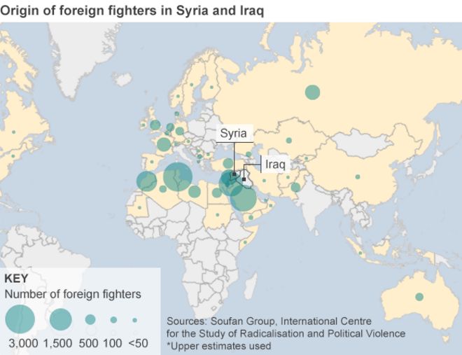 Карта, показывающая происхождение иностранных боевиков в Сирии и Ираке