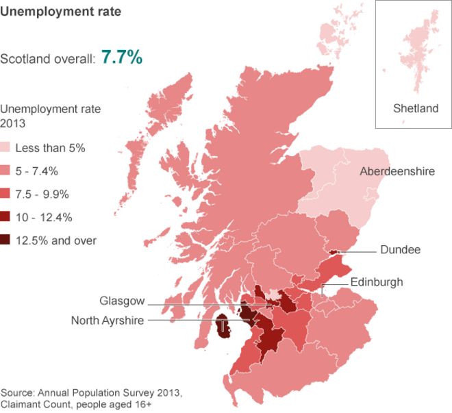 Уровень безработицы по всей Шотландии