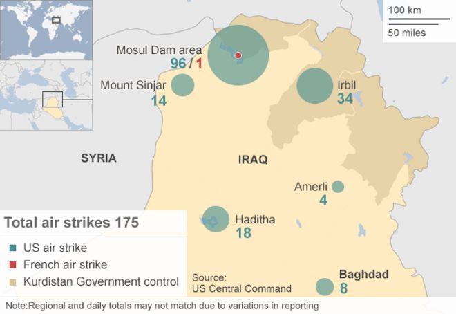 Карта, показывающая авиаудары США и Франции по Ираку