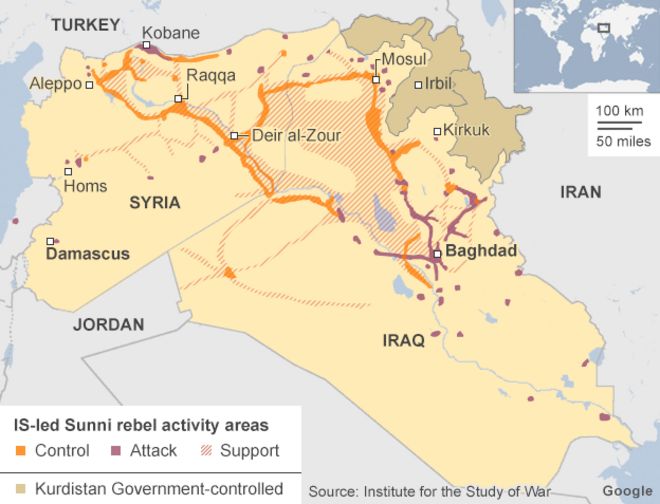 Карта показывает Ирак и Сирию, районы под контролем ИГ