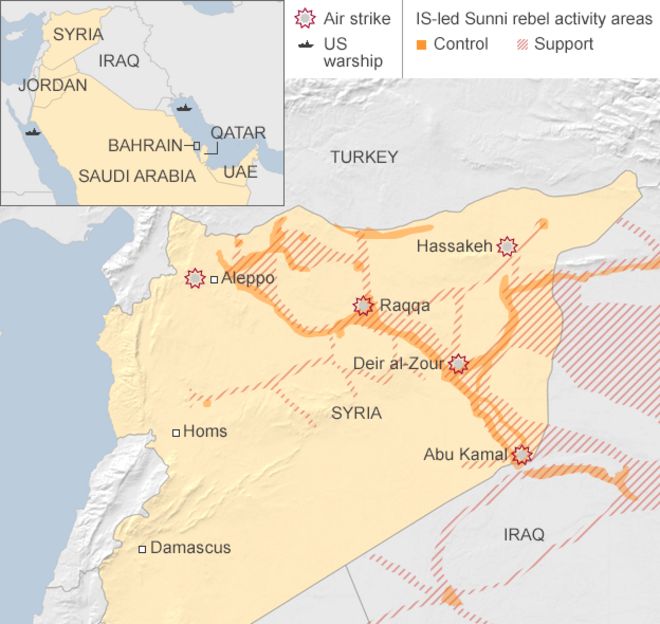 Карта, показывающая удары с воздуха под американскими целями по объектам ИБ в Сирии и поддерживающих их арабских государствах - 23 сентября 2014 г.