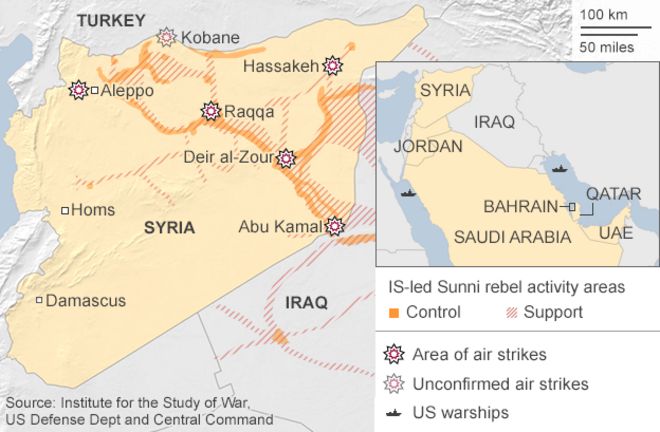 Карта, показывающая районы, пострадавшие от авиаударов США по боевикам Исламского государства в Сирии - 24 сентября 2014 г.