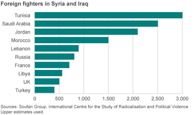 Диаграмма, показывающая происхождение и количество иностранных боевиков в Сирии и Ираке