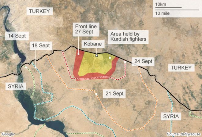 карта, показывающая аванс на Кобане