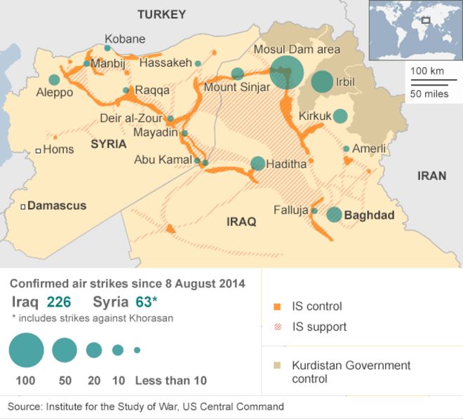 Графическое изображение районов в Ираке и Сирии, подвергшихся авиаударам