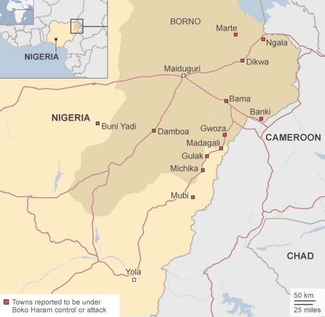 Карта, показывающая районы контроля Боко Харам в Нигерии