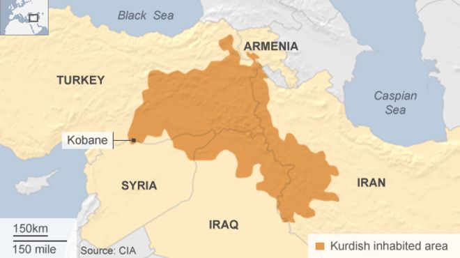 Карта Ближнего Востока, показывающая курдские районы