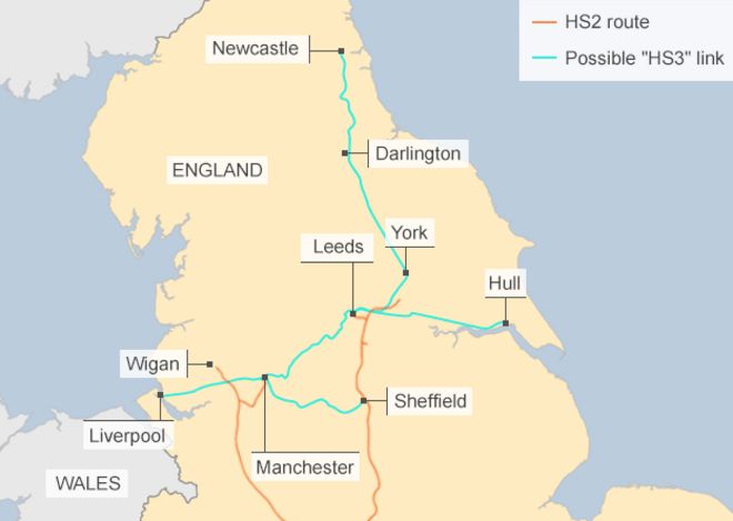 Карта, показывающая железнодорожные маршруты между городами на севере Англии, которые могут быть включены в предлагаемый железнодорожный проект HS3