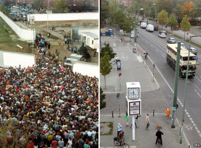 Фото из файла Checkpoint Charlie (L) в 1968 году и (R) в 2009 году