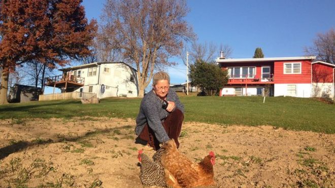 Полин Хэмптон со своими цыплятами на Холидей-Лейк, штат Айова