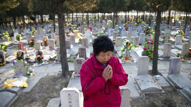 На этой фотографии, сделанной 4 апреля 2011 года, изображена китаянка, молящаяся на могиле близкого человека на кладбище Бабаошань в Пекине