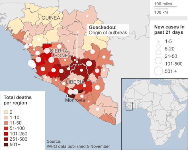 карта районов, пораженных лихорадкой Эбола