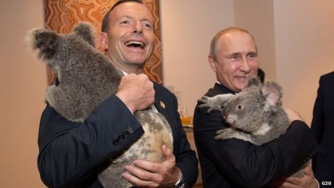 Коала дипломатия? Премьер-министр Австралии Тони Эбботт и Владимир Путин сняли эту фотографию, несмотря на напряженность