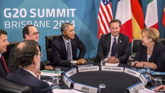 Франсуа Олланд, Барак Обама, Дэвид Кэмерон и Ангела Меркель на G20 в Брисбене