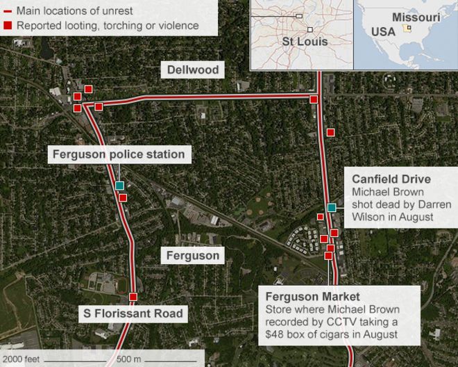 Карта Фергюсона, показывающая, где Майкл Браун был застрелен - 25 ноября 2014 года