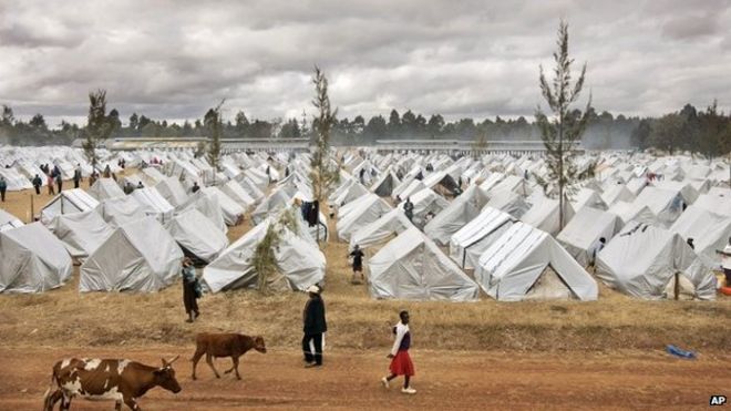 Море палаток, сделанных из пластиковой пленки, заполняет лагерь для перемещенных лиц на выставочной площадке в Элдорете, Кения (19 января 2008 г.)