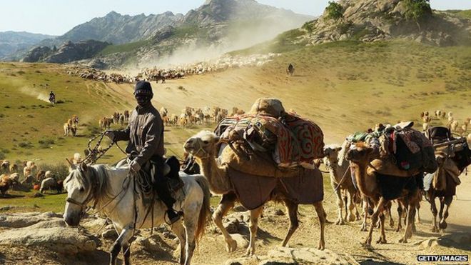 Мужчина на лошади ведет стаю верблюдов в дальний западный район Китая Синьцзян