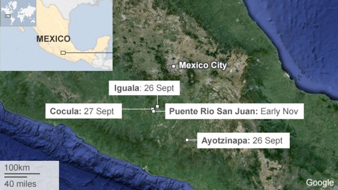 Карта с указанием различных мест в истории студентов Мексики