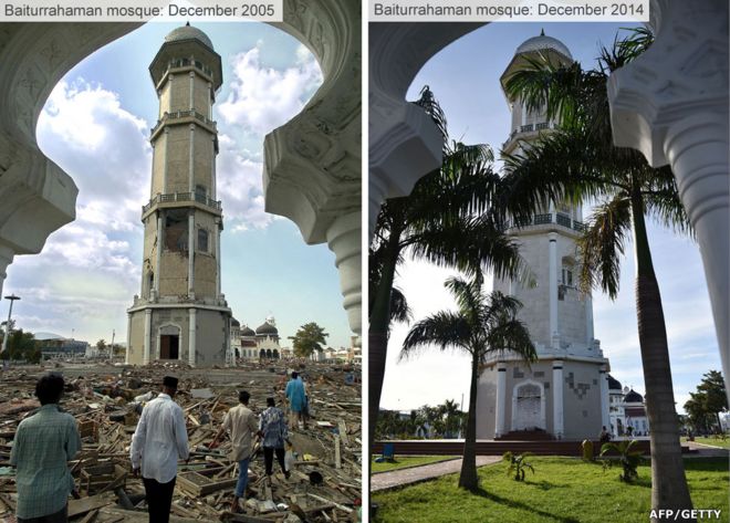 Мечеть в Банда-Ачехе в 2005 и 2014 годах