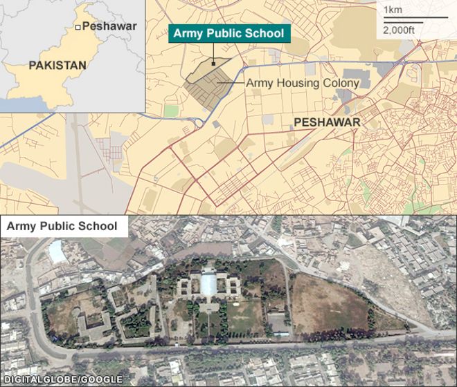 Карта Би-би-си с изображением армейской школы в Пешаваре