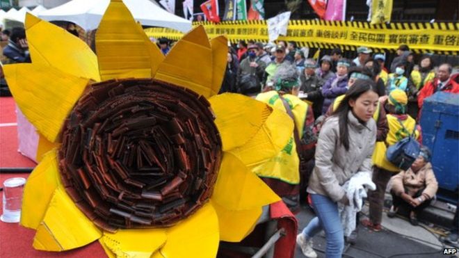 Бумажный подсолнух демонстрируется на митинге активистов возле парламента в поддержку студенческих протестующих, занимающих здание в Тайбэе 21 марта 2014 года